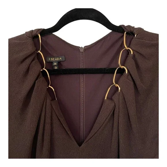 Escada Size M Gold Chain Link V-Neck Brown Jumpsuit Short Sleeve Designer